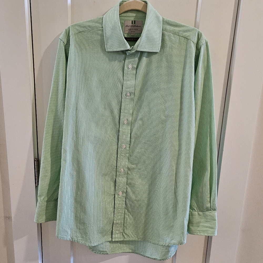 Harvie & Hudson London Button-Down Dress Shirt Green Vertical Stripe - Size 15.5
